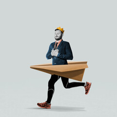 Art collage. Running businessman with a paper airplane. Startup launch, creativity in business,...
