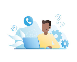 Man, operator, consultant works in call center at computer, advises clients by phone on all issues of interest. Vector consultant writes messages online on Internet using laptop. Support. FAQ.