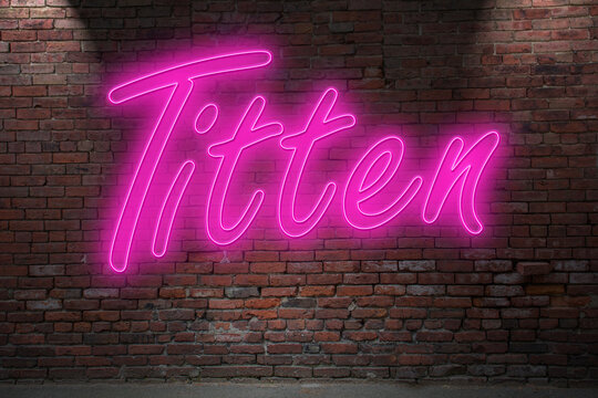 Neon Tits (in german Titten) lettering on Brick Wall at night