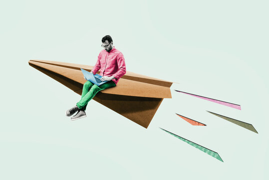 Art collage. Paper plane with sitting young man. New startup launch, business ideas, creativity.