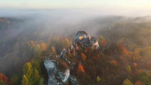 Okiennik wielki rock during autumn foggy sunrise - Jura Krakowsko-Czestochowska - Poland