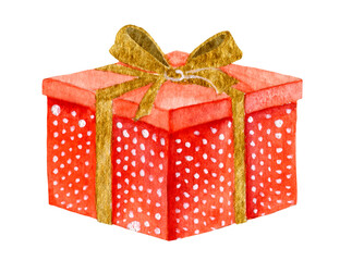 Watercolor hand drawn red Gift Box with gold ribbon. Illustration of Present for Christmas or Birthday. Drawing on white isolated background