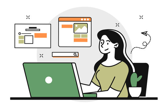 woman working on laptop, green, website design clip art preview