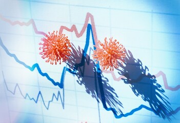 Virus cells laying on a graph chart , concept of fall of stock price .
