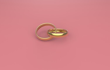 Pink background and two gold wedding rings combined forever with engraved words symbolizing devotion, fidelity, love and marriage bond, 3d illustration.