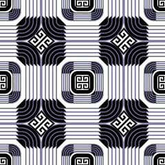 Striped lines seamless pattern. Vector tribal ethnic greek style background. Stylish repeat backdrop. Modern abstract striped ornaments with geometric shapes, lines, squares. Greek key, meanders