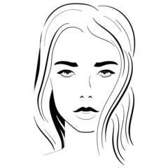 Long haired blond girl in beauty salon in a black white style . Portrait of pretty woman posing in vector illustration (hand-drawing). Closeup of beautiful young female model with soft smooth skin