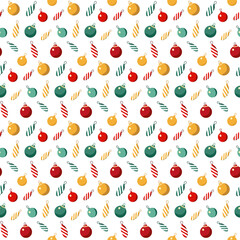 Seamless festive pattern with Christmas toys. Vector pattern. Festive background for fabric, clothing, wallpaper, wrapping paper, stationery.