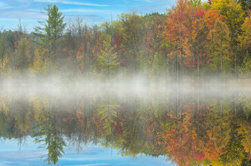 Foggy autumn landscape of the shoreline of Williams Lake with mirrored reflections in calm water, Yankee Springs State Park, Michigan, USA