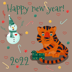Vector New Year card with cute tiger picture with gift box, snowman, caramel and hearts. Background for cards, posters, invitations and stationery.