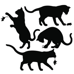siluetas de gatos, gatos en diferentes posiciones, gatos jugando con un raton, silueta de gato y raton