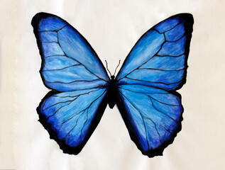 Fototapeta na wymiar Blue butterfly painted with watercolor. Watercolor is a painting technique in which pigments are usually dissolved in water.