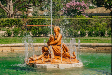 island garden in aranjuez, madrid, ornamental fountain