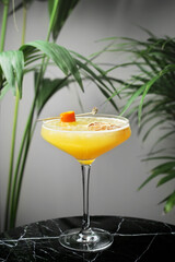 summer cocktail with citrus on marble table and tropic plants on back. cocktail witg citrus.