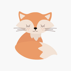 Scandinavian boho cute sleeping little fox, fox cub. Hand drawn vector element for nursery decoration, baby shower, birthday, children's party, poster, invitation, postcard, kids clothes