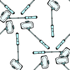 a pattern from a selfie stick. seamless pattern of a doodle-style selfie stick with a blue phone, randomly arranged on a white background for a design template