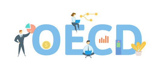 OECD, Organisation for Economic Co-operation and Development. Concept with keyword, people and icons. Flat vector illustration. Isolated on white.