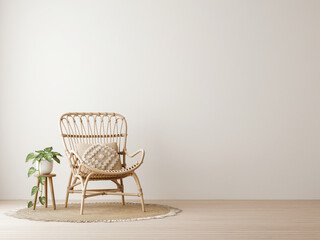 Empty wall mockup in warm neutral beige room interior with wicker armchair, ethnic pillow, round jute rug, boho style decoration and free space. Illustration, 3d rendering