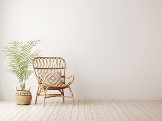 Empty wall mockup in warm neutral beige room interior with wicker armchair, palm plant in woven basket, boho style decoration and free space. Illustration, 3d rendering
