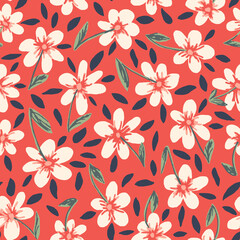 Botany flowers with leaves seamless repeat pattern. Random placed, vector millefleurs all over surface print on red background.