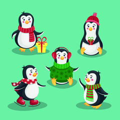Cute collection of Christmas penguins, Merry Christmas greetings. Vector illustration