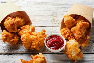 Paper boxes with tasty popcorn chicken and tomato sauce on light wooden background, closeup