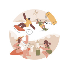 Summer beach activities abstract concept vector illustration. Beach club activities, family vacation, volleyball, jet ski rental, surfing and diving classes, lounge service abstract metaphor.