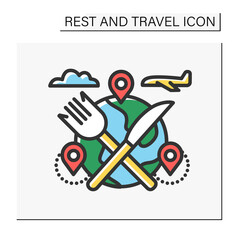  Food tour color icon. Culinary, cooking tourism to explore new food destinations. Gastronomic tour. Local cuisine. Tourism types concept. Isolated vector illustration