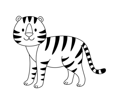 Black and white tiger drawing. A doodle of a stylized animal. Vector contour illustration of a tigress in cartoon style for coloring, print, logo, icon, sticker and design. Cute New Year's character