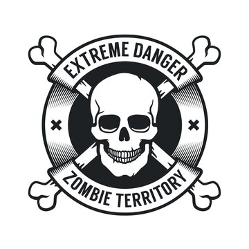 Jolly Roger retro sign of danger. Skull and bones in round badge with ribbons. Vector illustration.