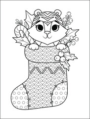Children's coloring book with a tiger in a Christmas stocking. An animal for the New Year's print of 2022. Black and white contour illustration. Festive composition for decorating postcards, stickers