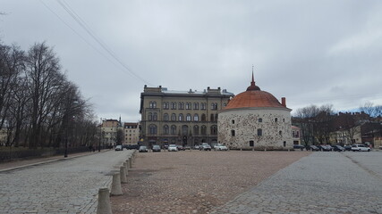 Round tower in Vyborg on a cloudy day. Russia, Vyborg 