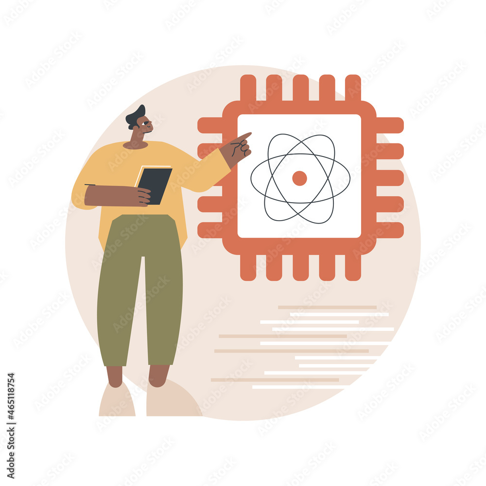 Poster quantum computing abstract concept vector illustration. quantum technology, future computing, innova