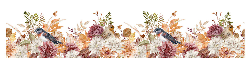 Watercolor rustic header with birds and autumn flowers. Fall bouquet. Hand-drawn seamless pattern.