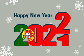 New Year's card 2022. In the photo: an element of the flag of Portugal. Festive inscription and snowflakes. It can be used as an advertising poster, postcard, flyer, invitation or website.