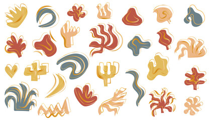 Set of abstract handdrawn objects and elements with gold ornaments on a white background.Various abstract shapes and leaves for decoration. Vector illustration in flat style