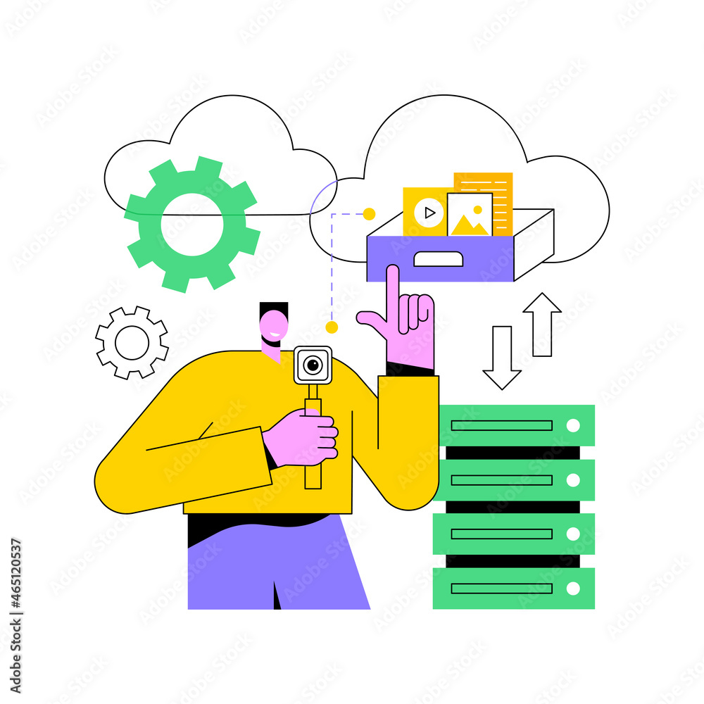 Poster cloud storage abstract concept vector illustration. digital hosted storage, database security, data 