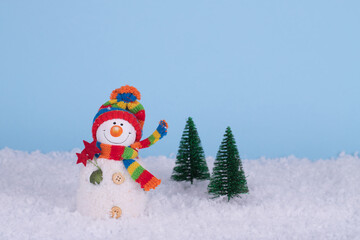 Cute Snowman on snowy background. Winter holiday concept.
