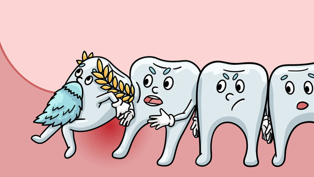 A cartoon wisdom tooth with a defect grows incorrectly.