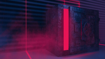 Abstract neon dark background, old rusty metal safe, neon lights rays and lines. Underground dark futuristic tunnel, basement, garage. An object in the center with neon light. 3D illustration. 