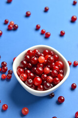 Bowl with tasty fresh cranberries on color background