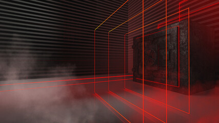Abstract neon dark background, old rusty metal safe, neon lights rays and lines. Underground dark futuristic tunnel, basement, garage. An object in the center with neon light. 3D illustration. 