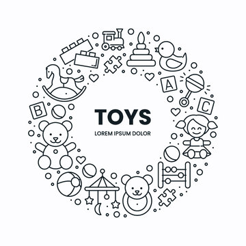 Kids toys thin line icons in a circle shape with vector symbol of ball, doll, bear isolated on white for website promotion