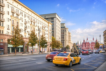 Yellow Taxi on Tverskaya Street in Moscow