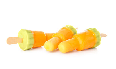 Tasty melon popsicles on white background