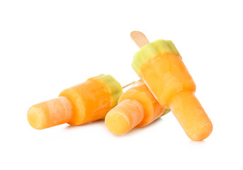 Tasty melon popsicles on white background