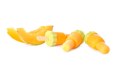Tasty melon popsicles on white background