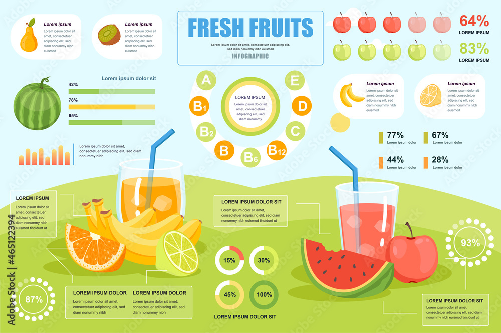 Aufkleber fresh fruits concept banner with infographic elements. tasty healthy juices with vitamins, vegetaria
