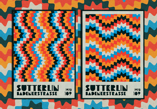 Bauhaus Modern Poster Design Layout with Zigzag Wave Lines