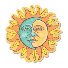Face of sun and moon. Hand-drawn astrology vector illustration. Colorful boho print.